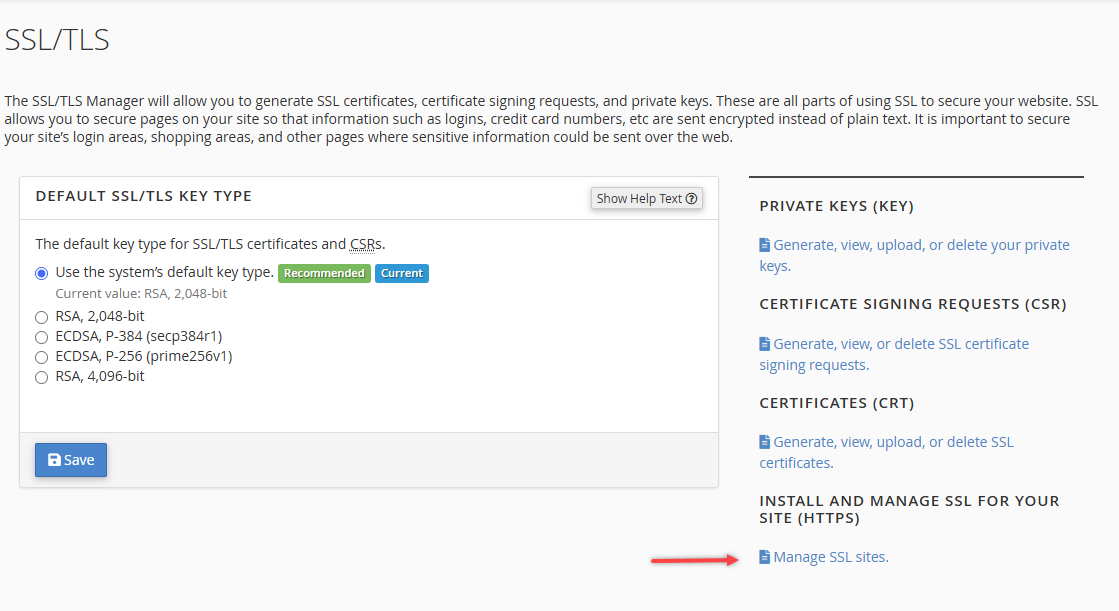 manage ssl sites button